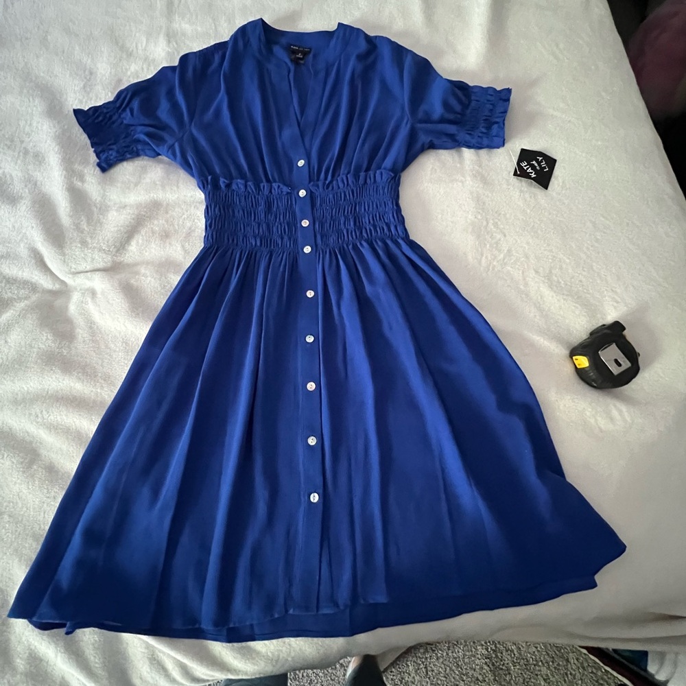 Smocked-Waist Button-Front Midi Dress in Cobalt Blue